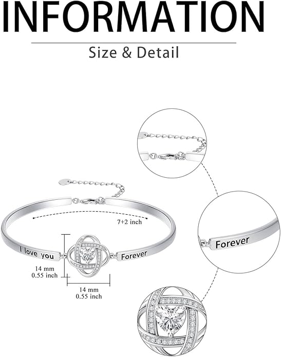 Valentines Day Gifts for Her, 18k White Gold Plated Love Knot Bracelets, Engraved Inspirational and Sentiment Bangle, Anniversary Birthday Jewelry Gift for Lover Wife Girlfriend Sister Friends