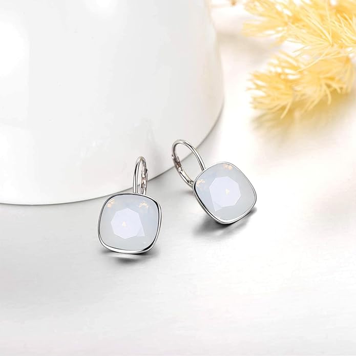 AOBOCO Sterling Silver Leverback Earrings Embellished with Crystals from Austria, Hypoallergenic Cushion Cut Square Crystal Earrings, Fine Anniversary Birthday Jewelry Gifts for Women