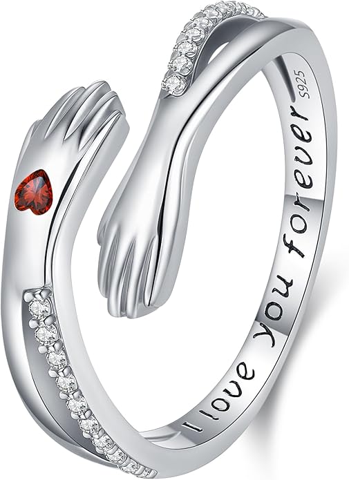 Hug Rings for Women Birthstone Hug Rings 925 Sterling Silver Adjustable Hand Ring Open Jewelry Daughter Gifts From Mom Mother Teens Mother's Day Amavive