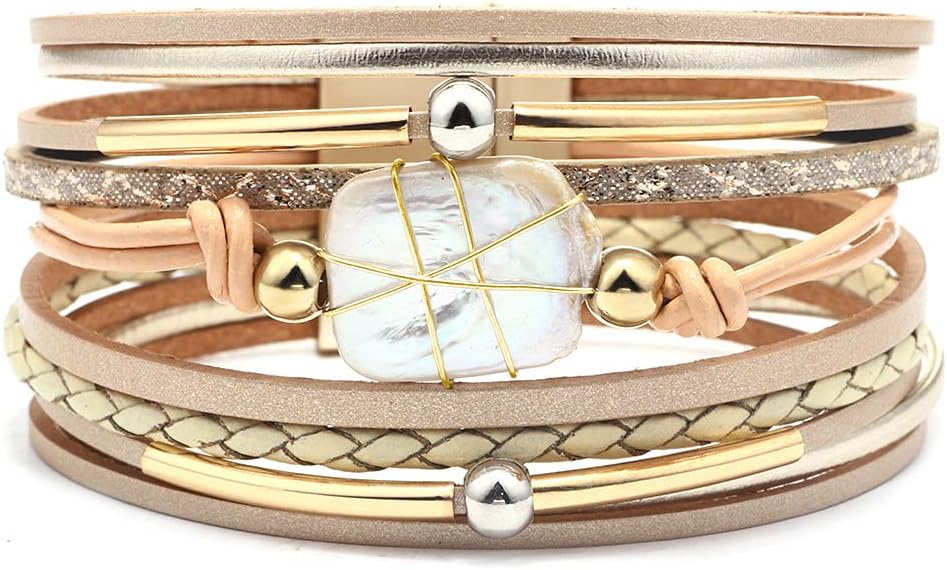 Fesciory Leopard Bracelet for Women, Boho Leather Wrap Multi-Layer Pearl Crystal Bracelet Bangle Jewelry