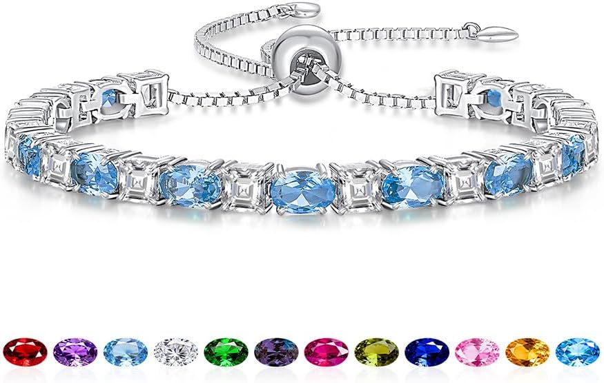 Sterling Silver Birthstone Bracelets for Women White Gold Tennis Bracelets Adjustable Chain 6-9 Inchs Jewelry Hypoallergenic Anniversary Birthday Gifts for Women Mom Wife Her