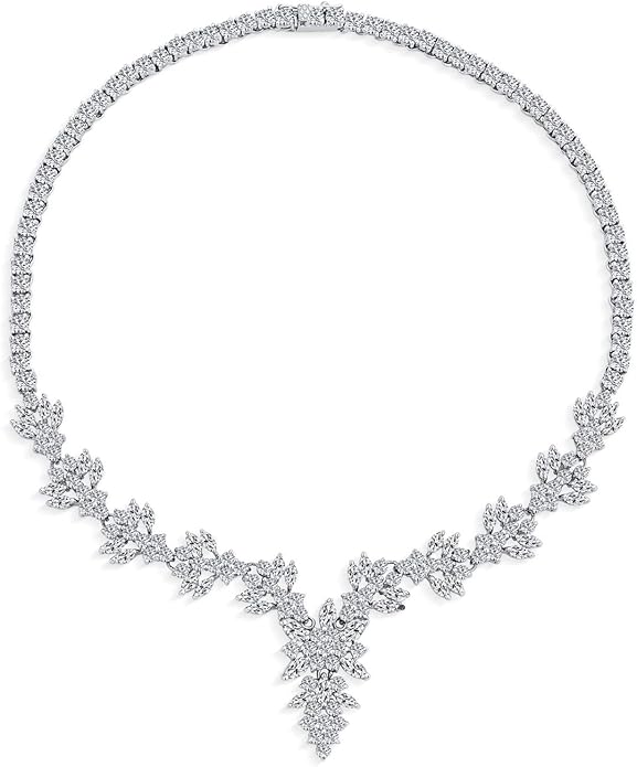 Bridal Jewelry Set Art Deco Vintage Estate Style Cubic Zirconia Marquise Leaf Teardrop AAA CZ Statement Cleavage Choker Necklace & Chandelier Dangle Clip On Or Pierced Earrings For Women Pageant