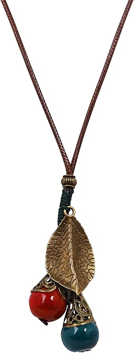 MINACHI Vintage Bohemian Leaf Charm Colorful Ceramic Bead Long Y Necklace, Boho Jewelry Gift for Women