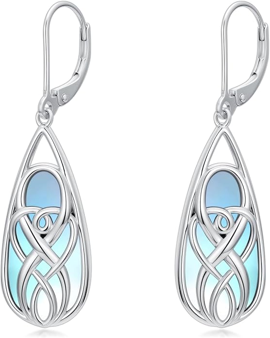 Teardrop Drop Dangle Earrings for Women 925 Sterling Silver Turquoise/Moonstone/White Opal Earrings Celtic Design Boho Jewelry Gifts for Mom Wife Sister