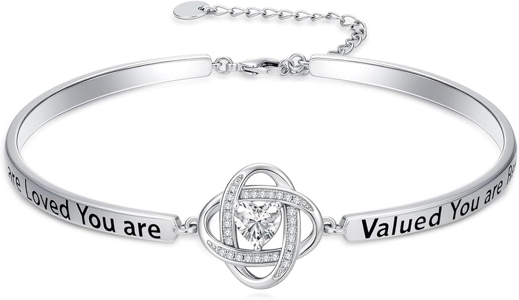 Valentines Day Gifts for Her, 18k White Gold Plated Love Knot Bracelets, Engraved Inspirational and Sentiment Bangle, Anniversary Birthday Jewelry Gift for Lover Wife Girlfriend Sister Friends