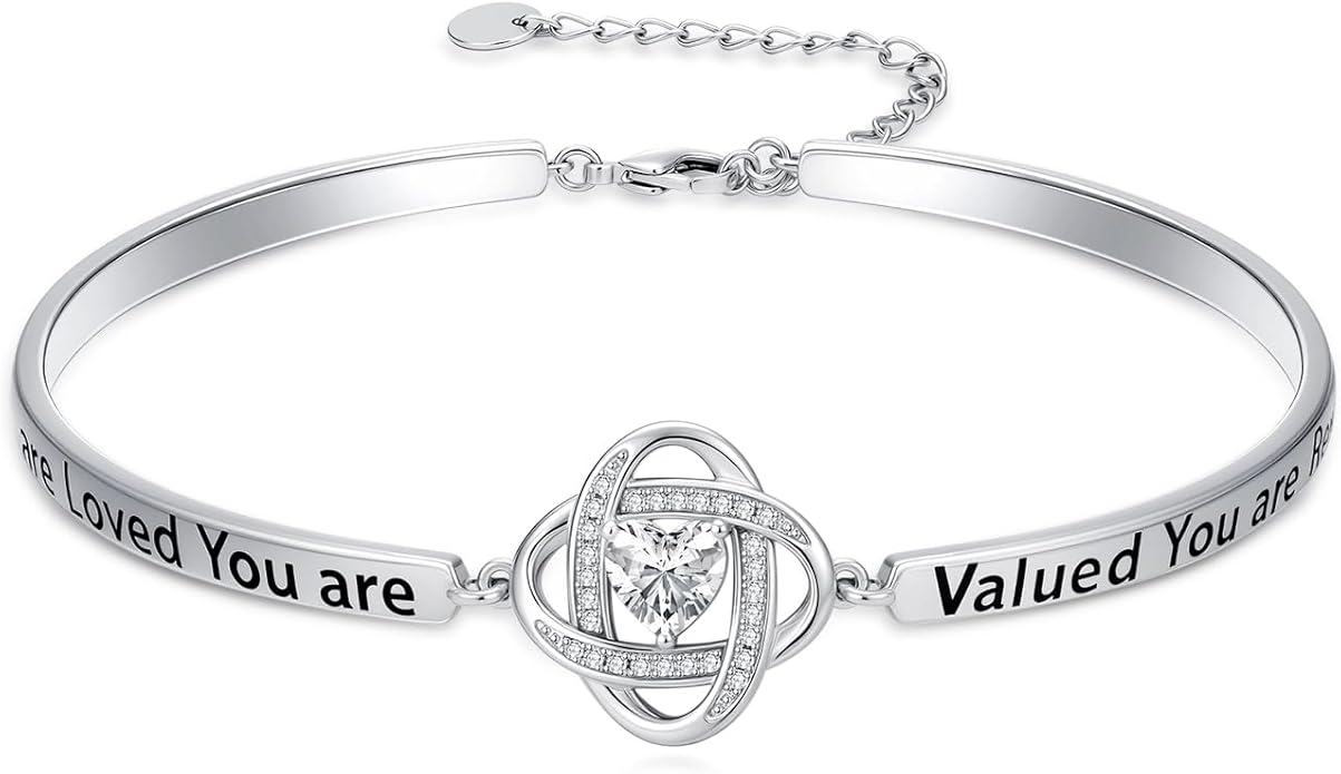 Valentines Day Gifts for Her, 18k White Gold Plated Love Knot Bracelets, Engraved Inspirational and Sentiment Bangle, Anniversary Birthday Jewelry Gift for Lover Wife Girlfriend Sister Friends