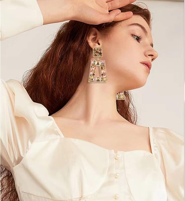Rhinestone Rectangle Statement Earrings Colorful Crystal Geometric Drop Dangle Earrings for Women Prom Party