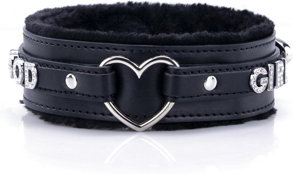 Leather Heart O-ring Collar Necklace for Women, Adjustable Gothic Punk Collar with Letters Soft Furry Choker Jewelry