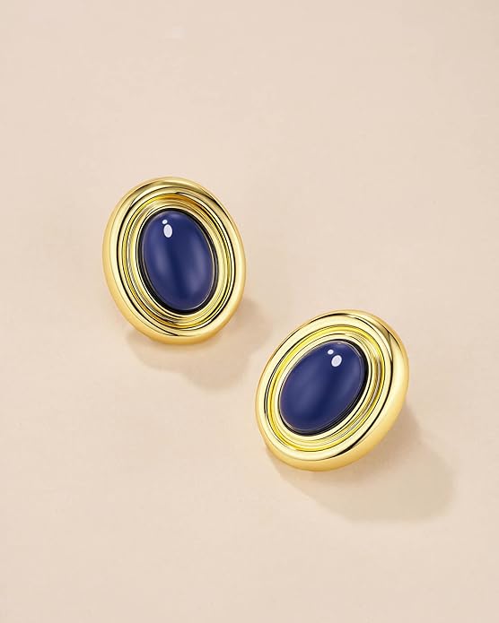 18K gold plated Medium Oval Button Chunky Statement Earrings for Women by SNGIA, (Turquoise, Carnelian, Aventurine, Amethyst, Malachite, Cat Eye, White, Cream) Bold Handmade Colored (Red, Blue, Green, White, Cream, Purple) Exaggerated Dome Retro Rounde...