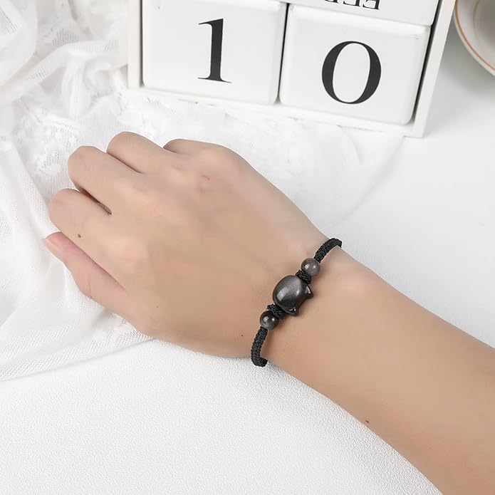 Money Attraction Cat Bracelet - Black Obsidian Women Bracelets -Wealth Prosperity Abundance Stone Bead Bracelet, Entrepreneur Business Luck Beaded Bracelets,Spiritual Mood Energy Cute Protection Stretch Bracelet,Health Good Luck Feng Shui Bracelets For...