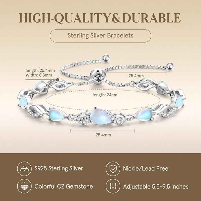 FANCIME Birthstone Teardrop Tennis Bracelet for Women, Sterling Silver 9x7mm main Gemstone Bolo Adjustable Chain Bracelet Fine Jewelry Birthday Gifts for Women Mom Wife Her