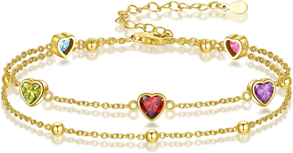 Birthstone Anklet/Bracelets for Women 925 Sterling Silver Charm Link Double Strand Heart Birthstone Jewelry Gift for Wife Women Mother's Day Gift