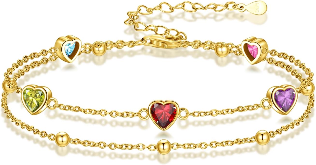 Birthstone Anklet/Bracelets for Women 925 Sterling Silver Charm Link Double Strand Heart Birthstone Jewelry Gift for Wife Women Mother's Day Gift