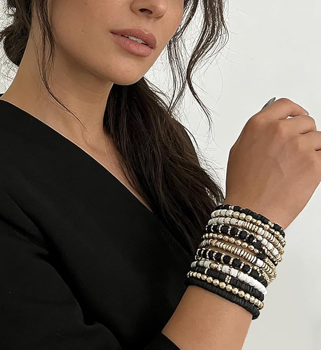 iF YOU 13pcs Heishi Clay Beaded Stretch Bracelets for Women, Boho Gold Surfer Stackable Bracelet Stacks White Brown Black Beach Jewelry