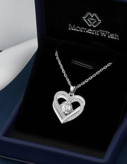 MomentWish Heart Necklace for Women Moissanite, Simulated Diamond, 925 Sterling Silver