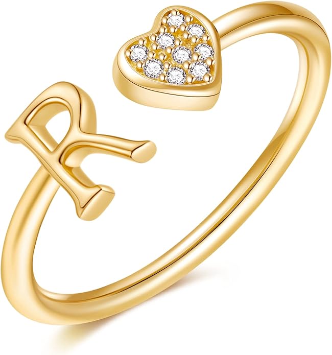 Valentines Day Gift Initial Rings for Teen Girls - S925 Heart Sterling Silver Rings for Teen Girls | 14K Gold/Rose Gold/Sterling Silver Plated Ring for Girls Kids Women Ring for Teenager Girls Gifts Adjustable, No Tarnish, Hypoallergenic