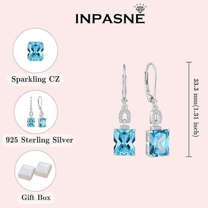 Emerald Cut Earrings 925 Sterling Silver Baguette Birthstone Dangle Drop Leverback Earrings Jewelry Gifts for Women