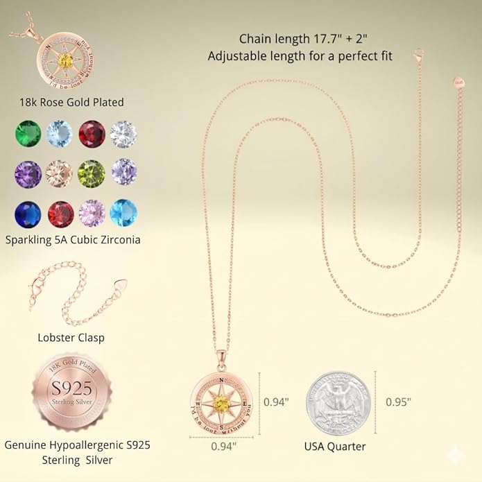 Compass Necklace for Women Wife Girlfriend Mom Daughter Gifts S925 Sterling Silver Jewelry For Anniversary Rose Gold Gifts For Birthday Christmas Mothers Valentines Day 12 Birthstones