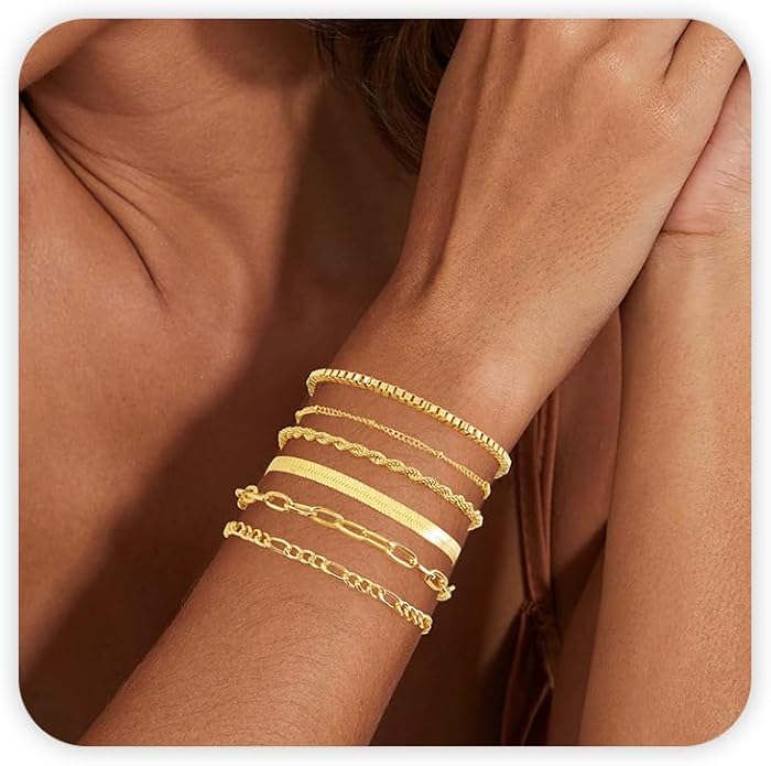 VIBILIA Dainty Gold Chain Bracelet for Women Trendy Stackable Adjustable Layered Metal Bracelet Gold Plated Twist Link Figaro Chain Paperclip Bracelets Fashion Jewelry