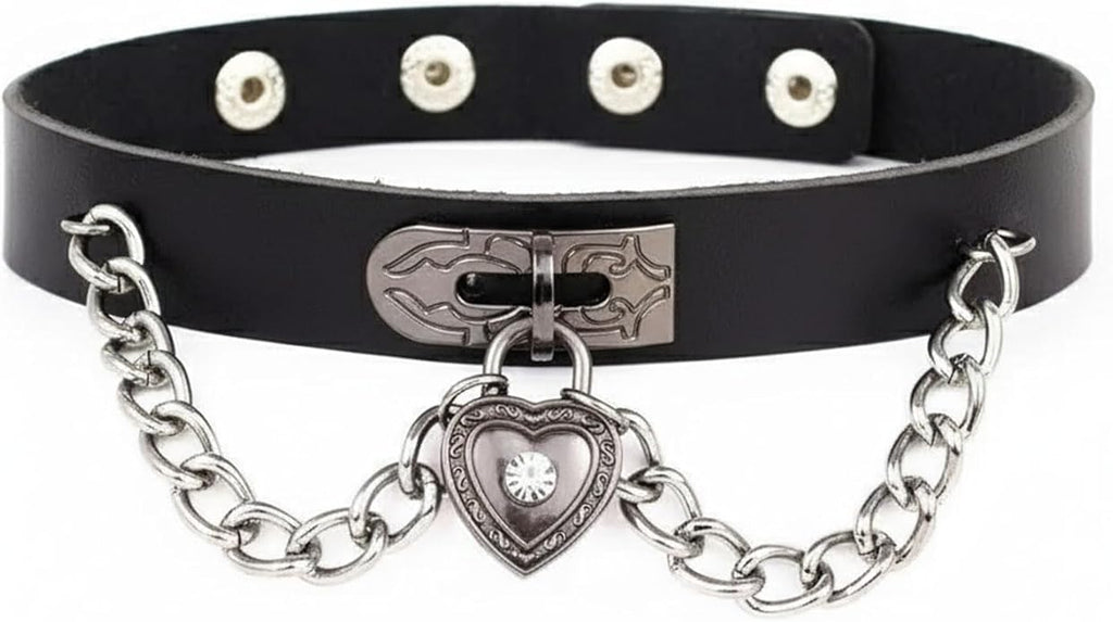 Goth Heart Chain Choker Necklace, Gothic Punk Grunge Emo Necklace, PU Leather Choker, Halloween Jewelry Gifts for Women