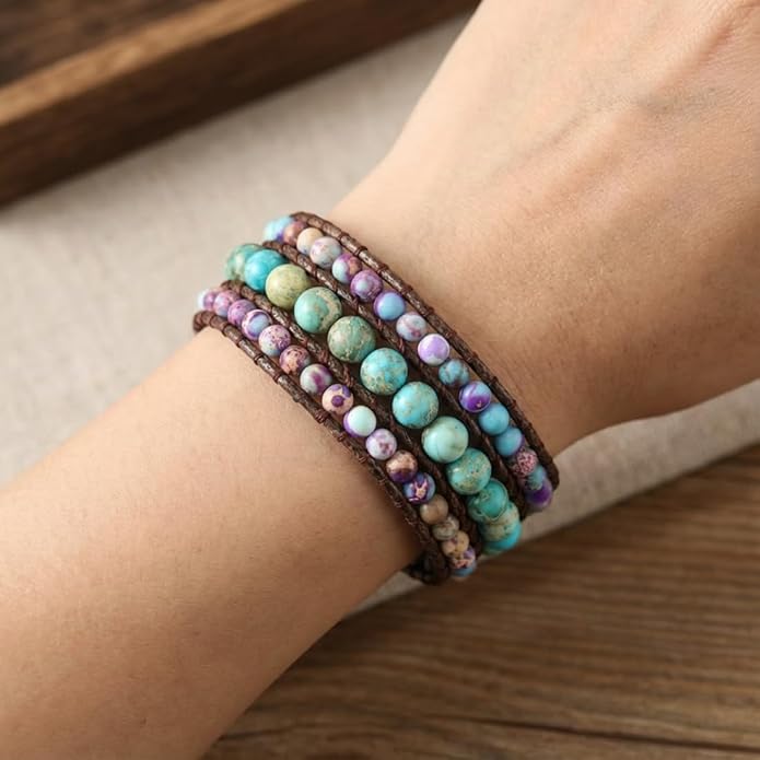 YGLINE Boho Handmade Natural Stone Bead 3 Row Wide Wrap Wrist Statment Bracelet Jewelry Collection