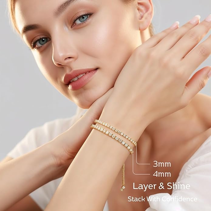 LOVE&LOVE Moissanite Tennis Bracelet for Women, Adjustable 18K Gold Plated 925 Sterling Silver Bracelet, 3/4mm D VVS1 Round Cut, Luxury Jewelry Gift for Wife Mom Girlfriend Birthday Anniversary