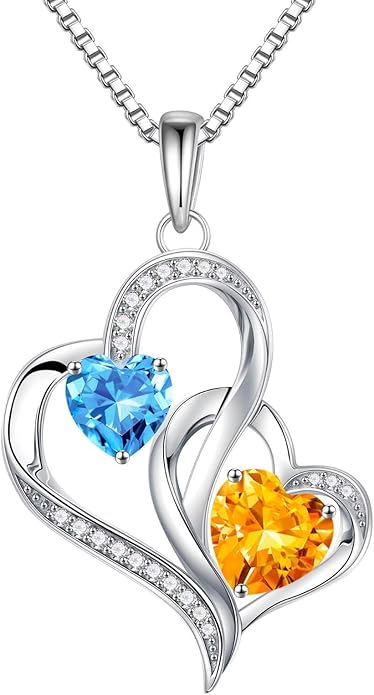 Iefil Valentines Day Gifts for Her - 925 Sterling Silver Double Birthstone Necklace, Heart Necklaces for Women, Anniversary Birthday Gifts, Personalized Jewelry Gift for Wife Mom Girlfriend