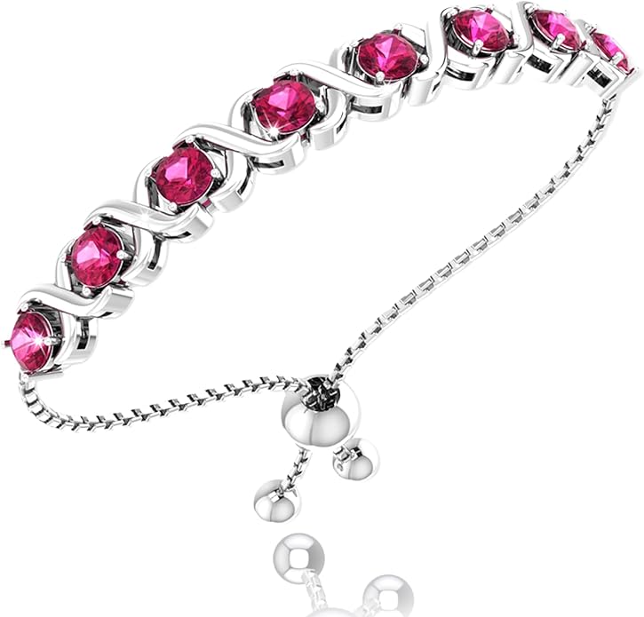 Birthstone Bangle Bracelet for Women Classic Beautiful 925 Sterling Silver Sparkling Gemstone XO Bolo Tennis Bracelet Fine Wrist Jewelry 4.2 Ct, 11"