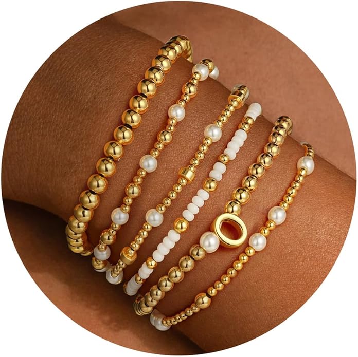 Turandoss 6PCS Beaded Initial Bracelets for Women Girls Valentines Day Gifts - 18K Gold Plated Beaded Initial Letter Bracelet Initial A-Z Stretch Bead Stackable Bracelet Valentines Day Gifts for Her