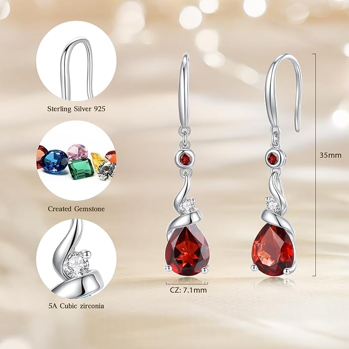 FANCIME Women Drop Earrings 925 Sterling Silver with Pear Gemstone Dangle Birthstone Earring Fine Jewelry Birthday Gifts for Women
