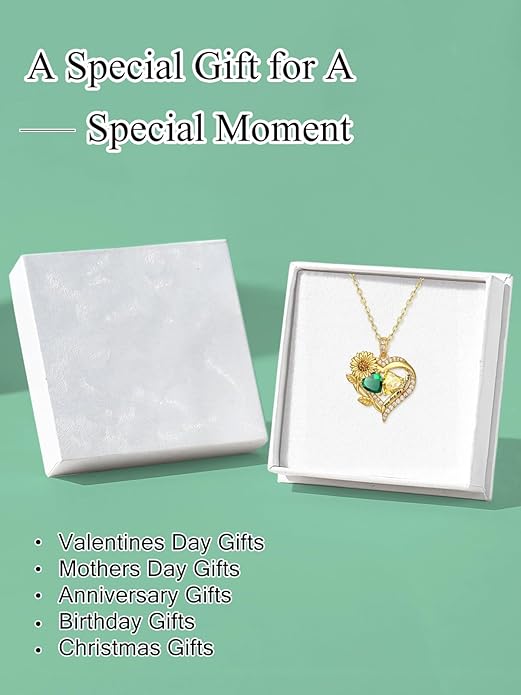 Sunflower Heart Necklace for Women 14K Gold Exquisite Valentines Day Anniversary Birthday Gifts for Wife Mother Her Double Birthstone Pendant Jewelry‘You Are My Sunshine’