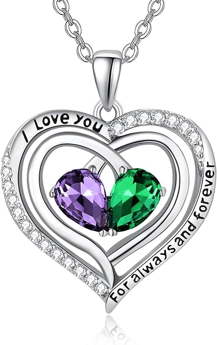 Valentine's Day Gifts for Wife 925 Sterling Silver Double Birthstone Pendant Necklaces I Love You for Always and Forever Necklace Anniversary Birthday Gifts for Wife Girlfriend Mom Her