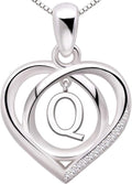 ALOV Jewelry Sterling Silver Initial Letter Alphabet Love Heart Cubic Zirconia Pendant Necklace