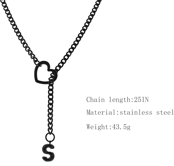 Black Heart Slip Chain Initial Necklaces for Women,Stainless Steel O-Ring Adjustable Lariat Heart Y-Necklace,Punk Gothic Cuban Collar Choker Necklace for women