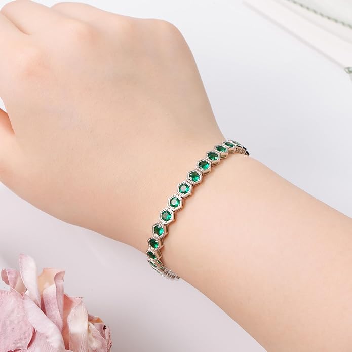 Birthstone Tennis Bracelets for Women Birthday Gifts 925 Sterling Silver Hexagon White Gold Bracelets Round Cut 5A Cubic Zirconia Prong Setting 7 Inch Anniversary Jewelry Gift