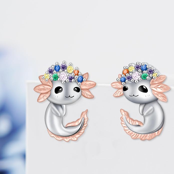 Axolotl/Highland Cow/Panda/Giraffe Stud Earrings 925 Sterling Silver Cute Animal Earrings with with Colored Zircon Animal Jewelry Gift for Girls Women
