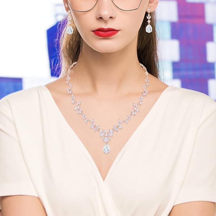 Bridal Wedding Jewelry CZ Set Marquise Teardrop Cubic Zirconia Pendant Necklace and Dangle Earring Bracelet Sets for Women