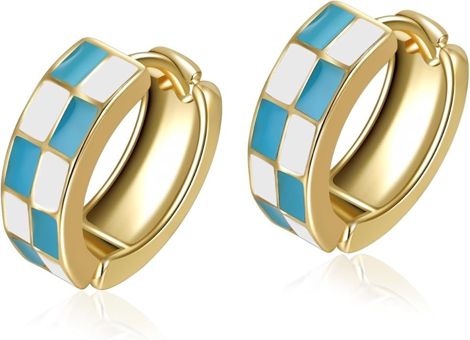 Chic Checker Small Hoop Cartilage Earrings Teacher Earrings for Women；White Black Enamel Hypoallergenic Hooped Gifts Gold and Silver tone