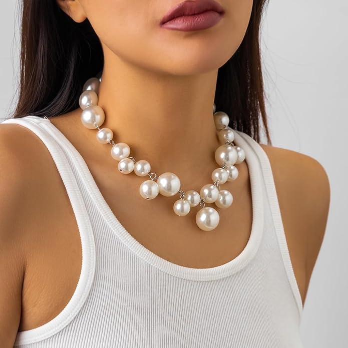 Chunky Pearls Statement Choker Necklace for Women,14K Gold Large Beaded Punk Ball Cluster Collar Necklace Party Dainty Jewelry Gift