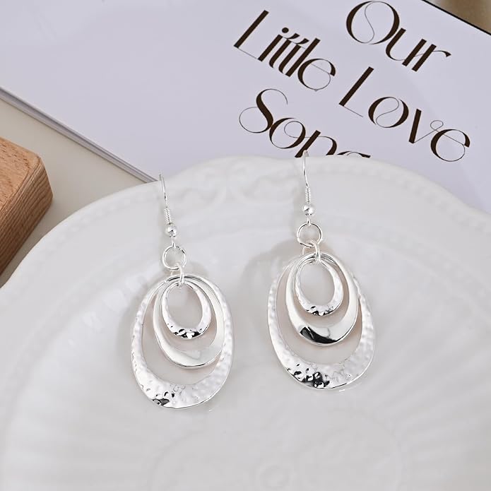 Boho Three Oval Drop Dangle Earrings Silver Earrings for Women Trendy Two Tone Bohemian Jewelry for Thanksgiving and Christmas Gifts