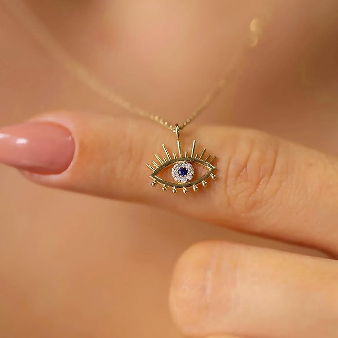 Evil Eye Necklace for Women 14K Gold Plated Delicate Necklaces Blue White CZ Diamond Pendant Necklace Cute Boho Tiny Evil Eye Lucky Protection Jewelry Gift for Women