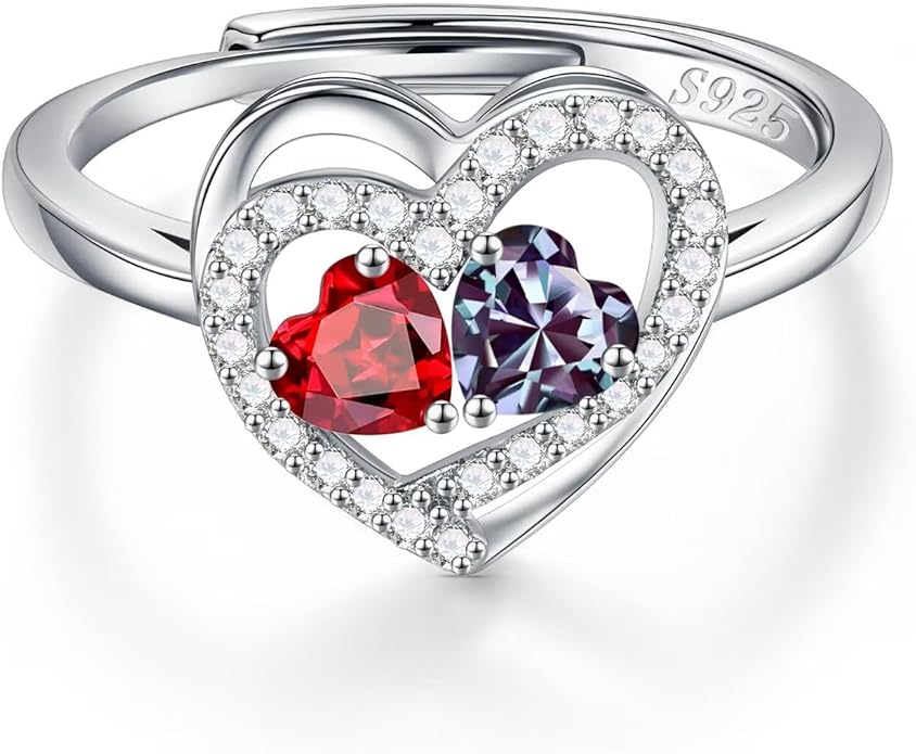 Iefil Adjustable Ring for Women - 925 Sterling Silver Double Birthstone Rings, Anniversary Birthday Gifts for Women Wife Her