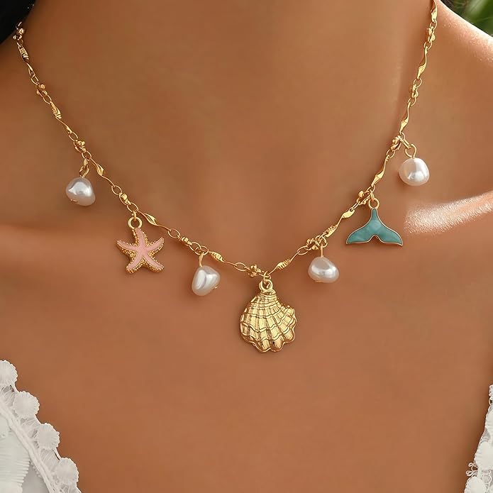 Shell Starfish Necklace for Women, 14k Gold Plated Boho Layered Beaded Charm Pendant Necklace, Dainty Adjustable Pearl Conch Summer Beach Vacation Jewelry Gifts