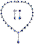 Elegant Vintage Estate-Inspired Bridal Jewelry Set - 5 CTW Oval Crown Halo Statement Necklace & Chandelier Earrings with AAA Cubic Zirconia CZ Simulated Gemstones, Silver Plated, for Women