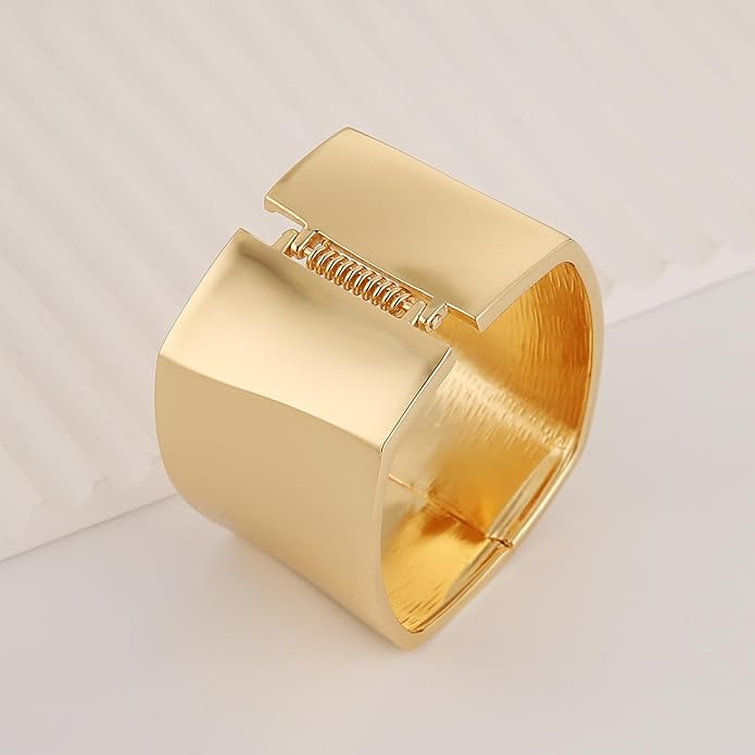 HZMAN 18K Gold Plated Wide Cuff Bracelet for Women - Premium Alloy Shiny Polished Double Layer Statement Bangle, Trendy Daily Wear Party Jewelry Accessory