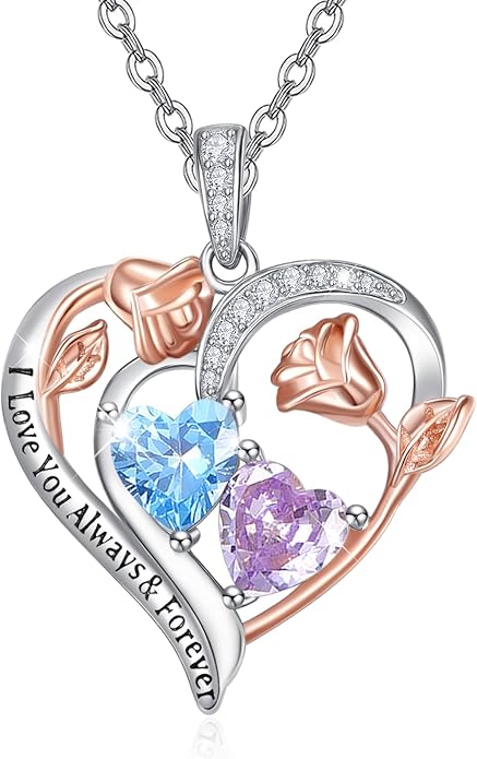 Valentine's Day Gifts for Wife 925 Sterling Silver Double Birthstone Pendant Necklaces I Love You for Always and Forever Necklace Anniversary Birthday Gifts for Wife Girlfriend Mom Her