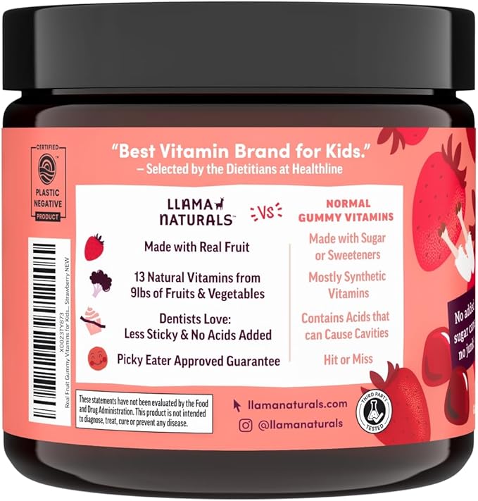 Llama Naturals Kids Multivitamin Gummies, Vegan, Organic with Vitamin D, C & K, Toddler Real Fruit Gummy Vitamins, Chewable Supplement, Whole Food Multivitamin, No Added Sugar Cane, Strawberry, 2 Pk