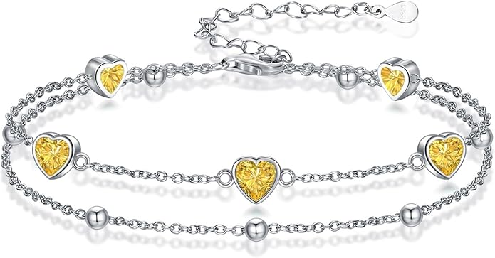 Birthstone Anklet/Bracelets for Women 925 Sterling Silver Charm Link Double Strand Heart Birthstone Jewelry Gift for Wife Women Mother's Day Gift