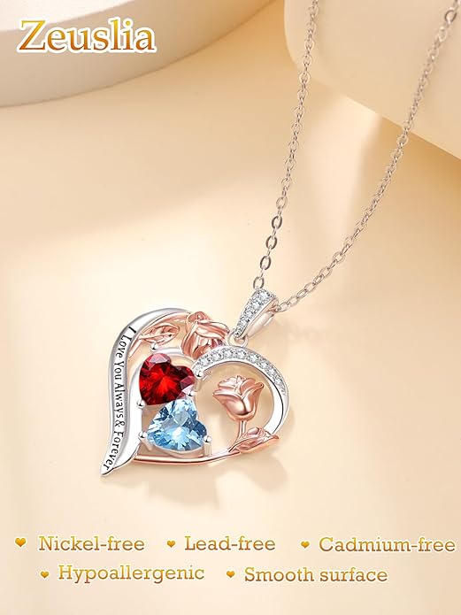 Valentine's Day Gifts for Wife 925 Sterling Silver Double Birthstone Pendant Necklaces I Love You for Always and Forever Necklace Anniversary Birthday Gifts for Wife Girlfriend Mom Her