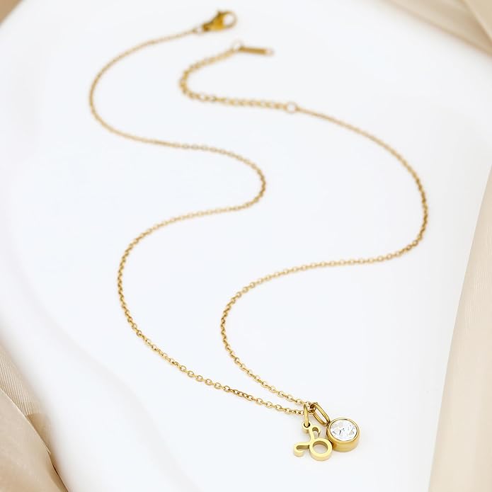 MISS RIGHT Initial Birthstone Necklace for Women - Personalized Gifts Birthday Gifts for Women Stainless Steel 18K Gold Plated Dainty Gold Zodiac Sign 12 Constellation Horoscope Necklace Jewelry